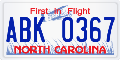NC license plate ABK0367