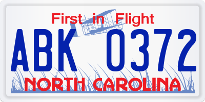NC license plate ABK0372