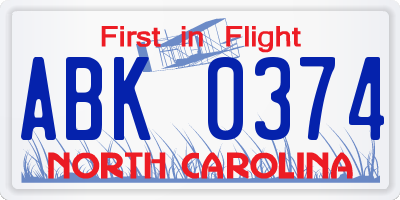 NC license plate ABK0374