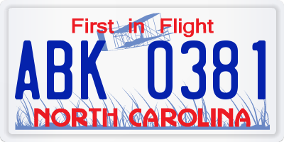 NC license plate ABK0381