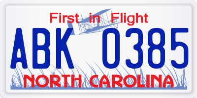 NC license plate ABK0385