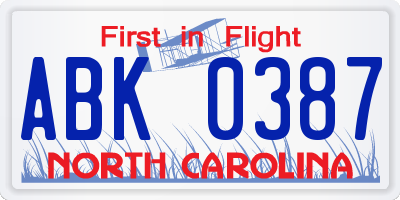 NC license plate ABK0387
