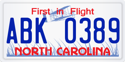 NC license plate ABK0389