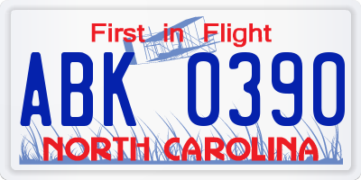 NC license plate ABK0390