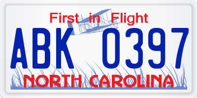 NC license plate ABK0397