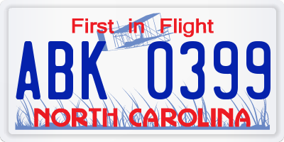 NC license plate ABK0399