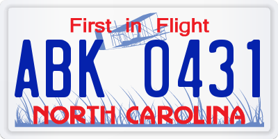 NC license plate ABK0431