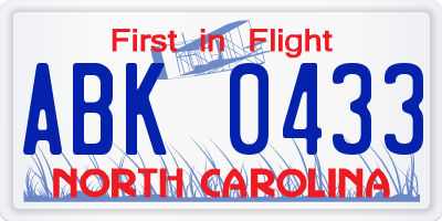 NC license plate ABK0433