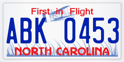 NC license plate ABK0453