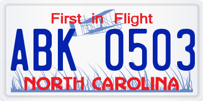 NC license plate ABK0503
