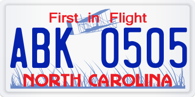 NC license plate ABK0505