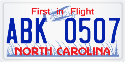 NC license plate ABK0507