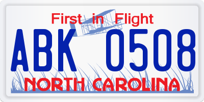 NC license plate ABK0508