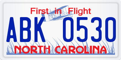 NC license plate ABK0530