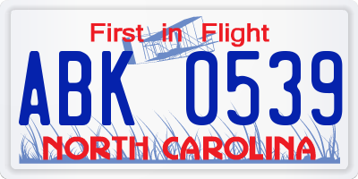 NC license plate ABK0539