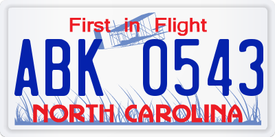 NC license plate ABK0543