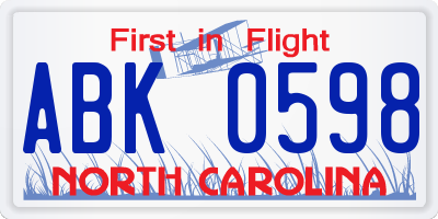 NC license plate ABK0598