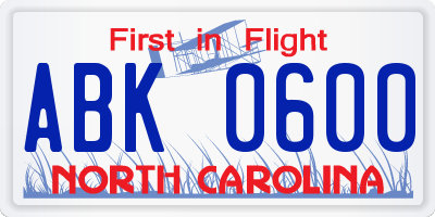 NC license plate ABK0600