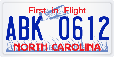 NC license plate ABK0612