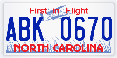 NC license plate ABK0670