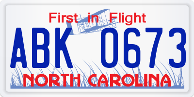 NC license plate ABK0673