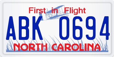 NC license plate ABK0694