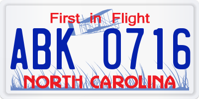 NC license plate ABK0716