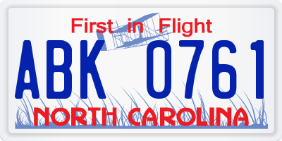 NC license plate ABK0761