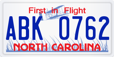NC license plate ABK0762