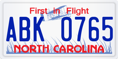NC license plate ABK0765