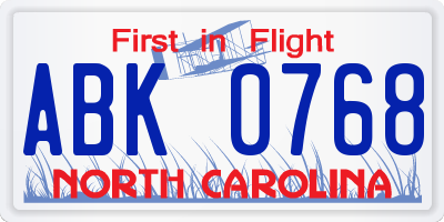 NC license plate ABK0768