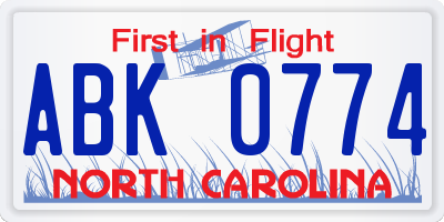 NC license plate ABK0774