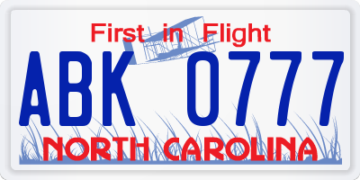 NC license plate ABK0777