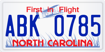 NC license plate ABK0785