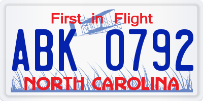 NC license plate ABK0792