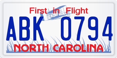 NC license plate ABK0794
