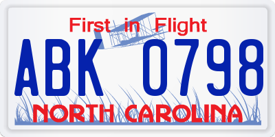 NC license plate ABK0798