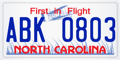 NC license plate ABK0803
