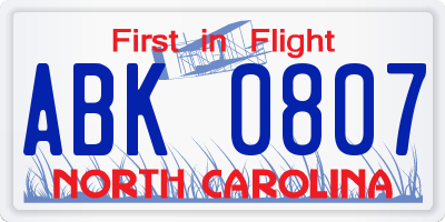 NC license plate ABK0807