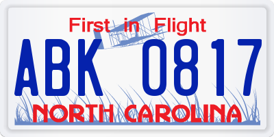 NC license plate ABK0817