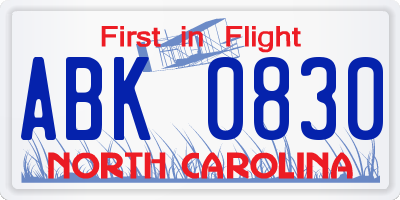 NC license plate ABK0830