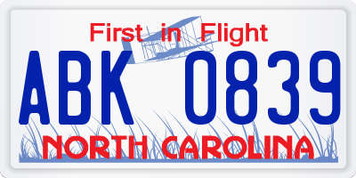 NC license plate ABK0839