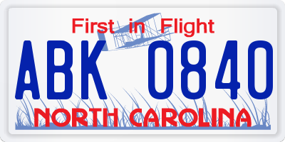 NC license plate ABK0840