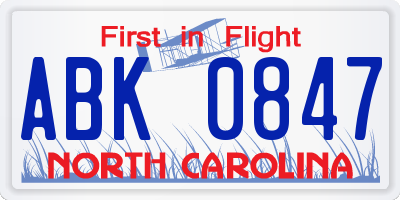 NC license plate ABK0847