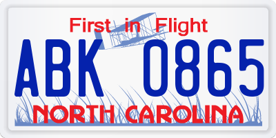 NC license plate ABK0865