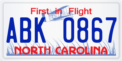 NC license plate ABK0867