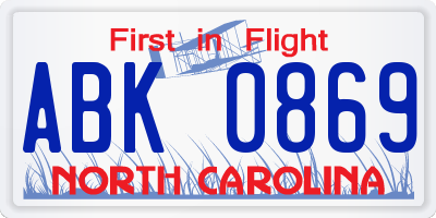 NC license plate ABK0869