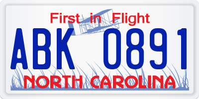 NC license plate ABK0891