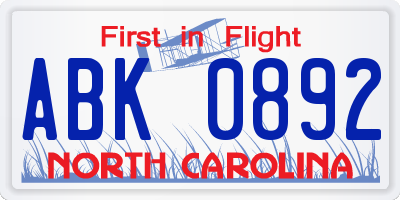 NC license plate ABK0892