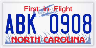 NC license plate ABK0908